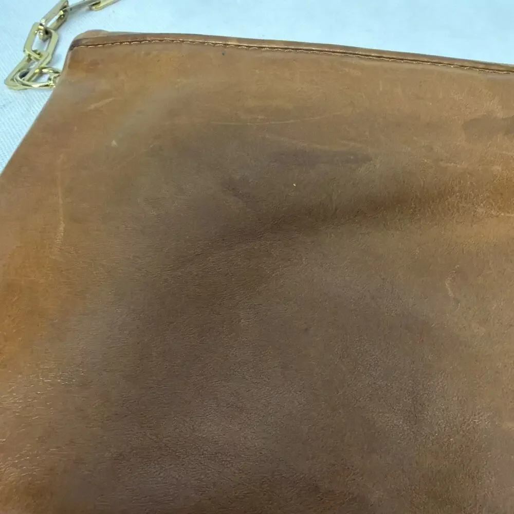 Tory Burch Reva Clutch Bag Cognac Bombe Leather Gold Chain Shoulder Purse